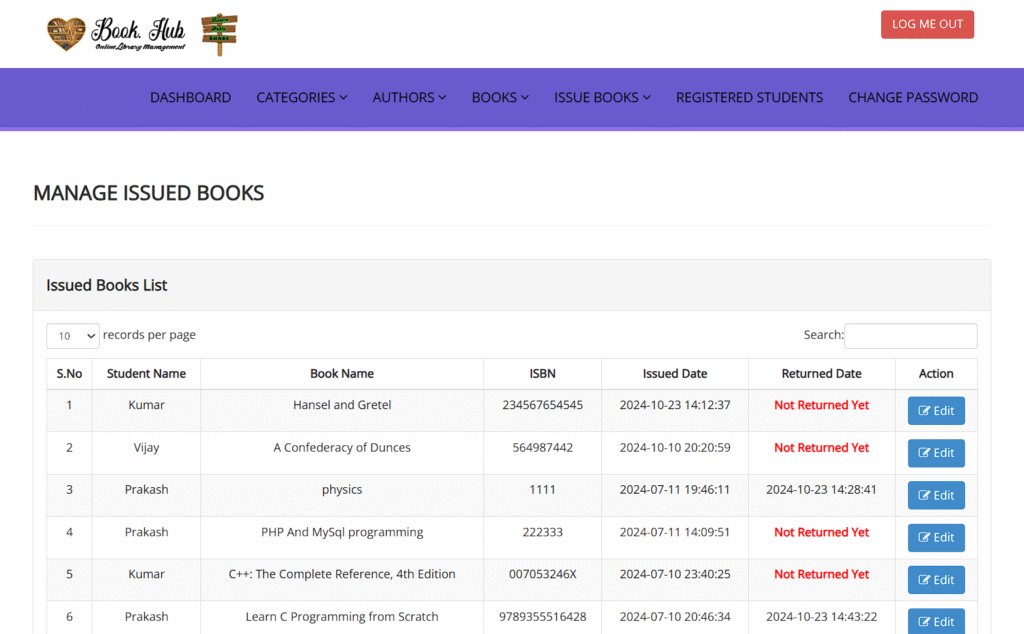 Library Management System - Admin Manage Issued Books page
