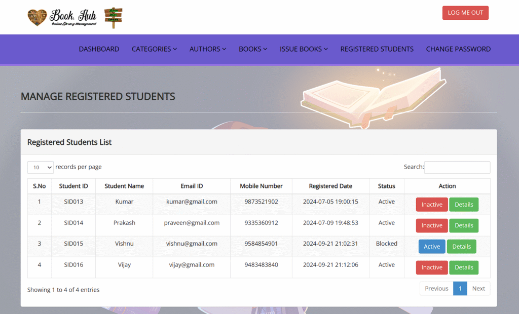 Library Management System - Admin Manage Registered Students page