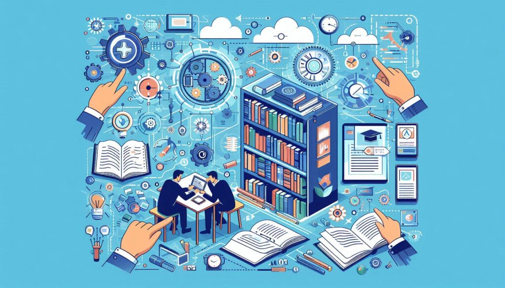 a person sitting at a table with books and a laptop in library