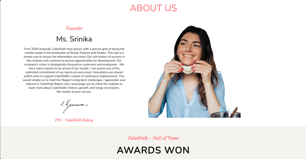 Cake Walk - Online Cake Shop System - About Us Page