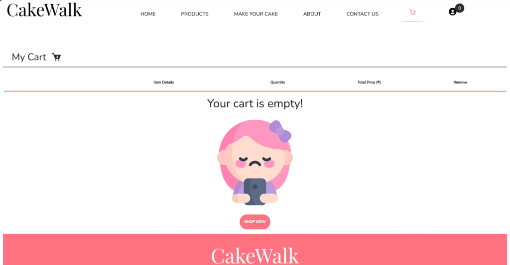 Cake Walk - Online Cake Shop System - Empty Cart Page