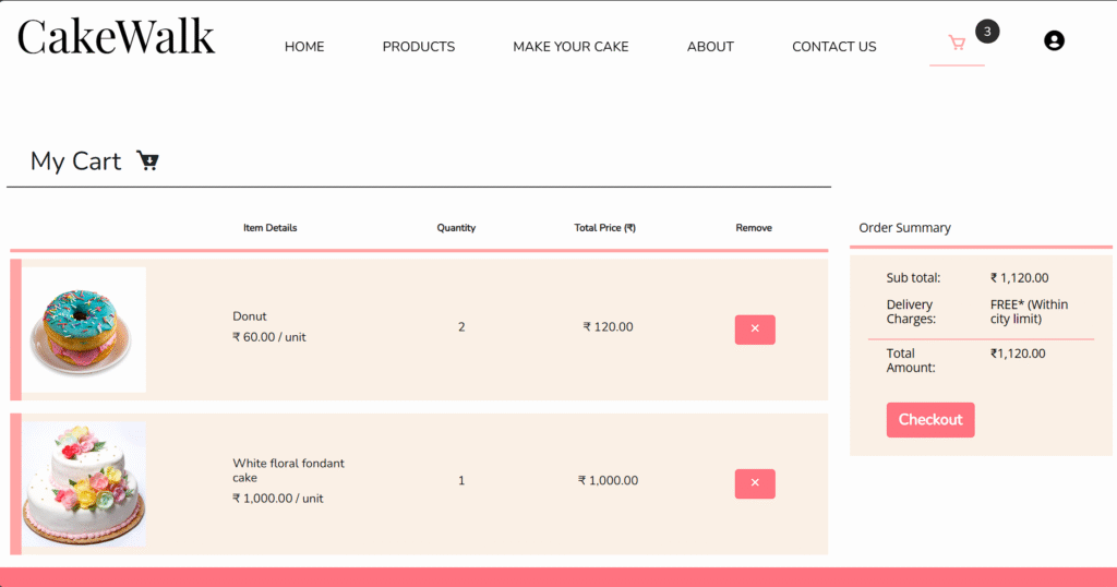 Cake Walk - Online Cake Shop System - My Cart Page