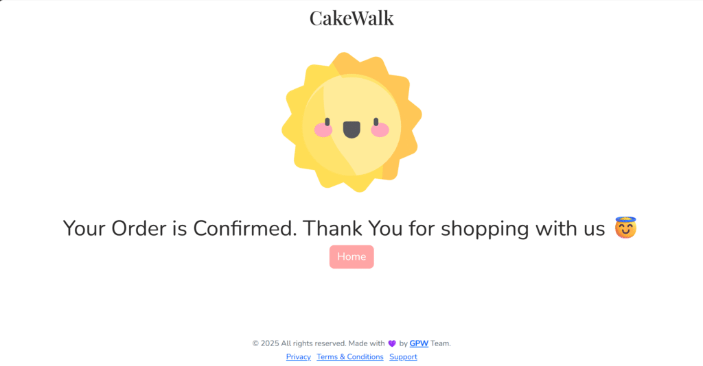 Cake Walk - Online Cake Shop System - Order Confirmation Page
