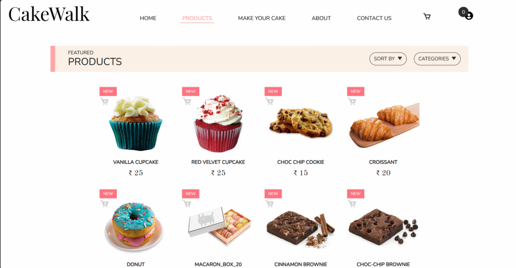 Cake Walk - Online Cake Shop System - Products Page