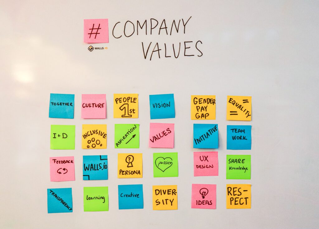 A display of company values using colorful sticky notes on a whiteboard.