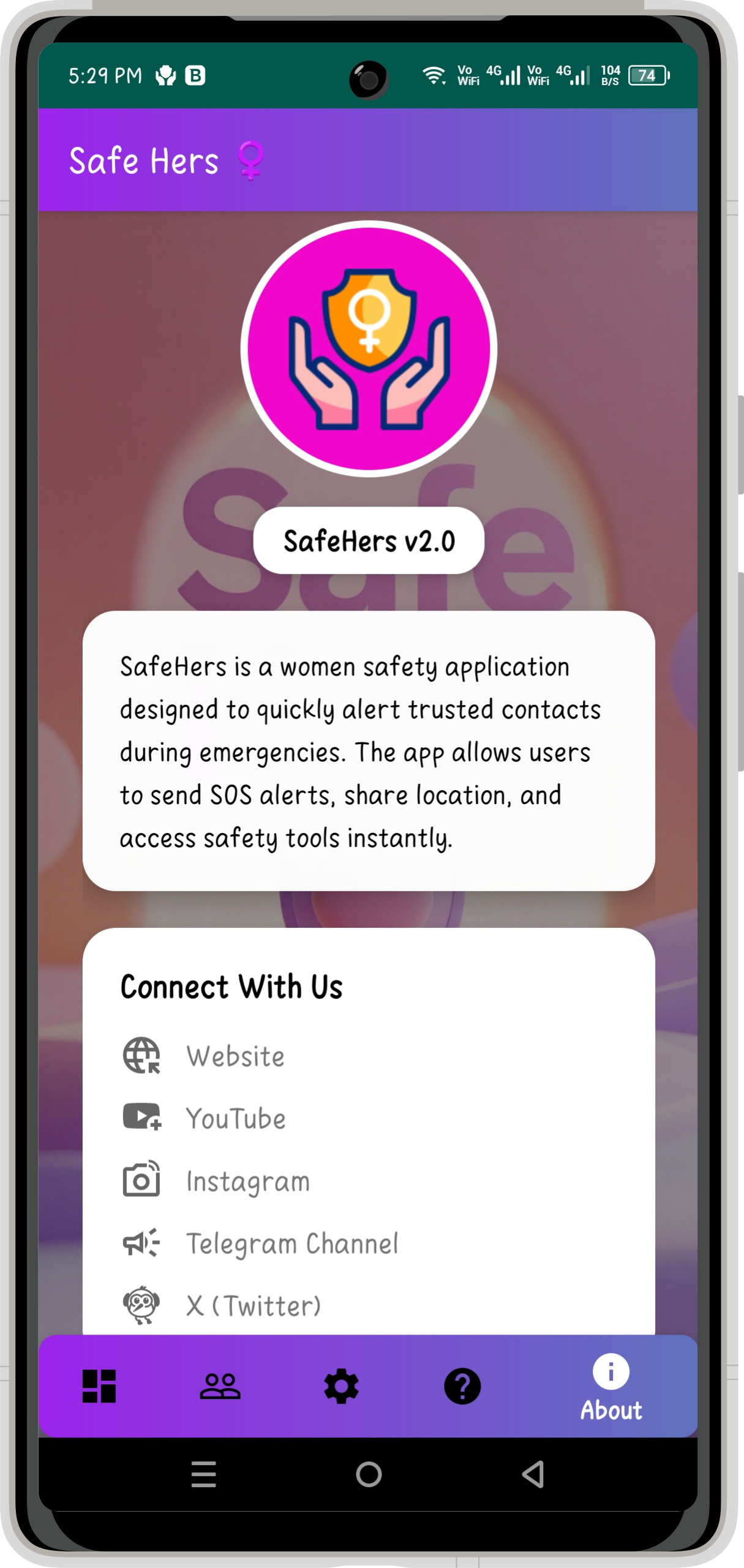 Safe Hers - About Screen