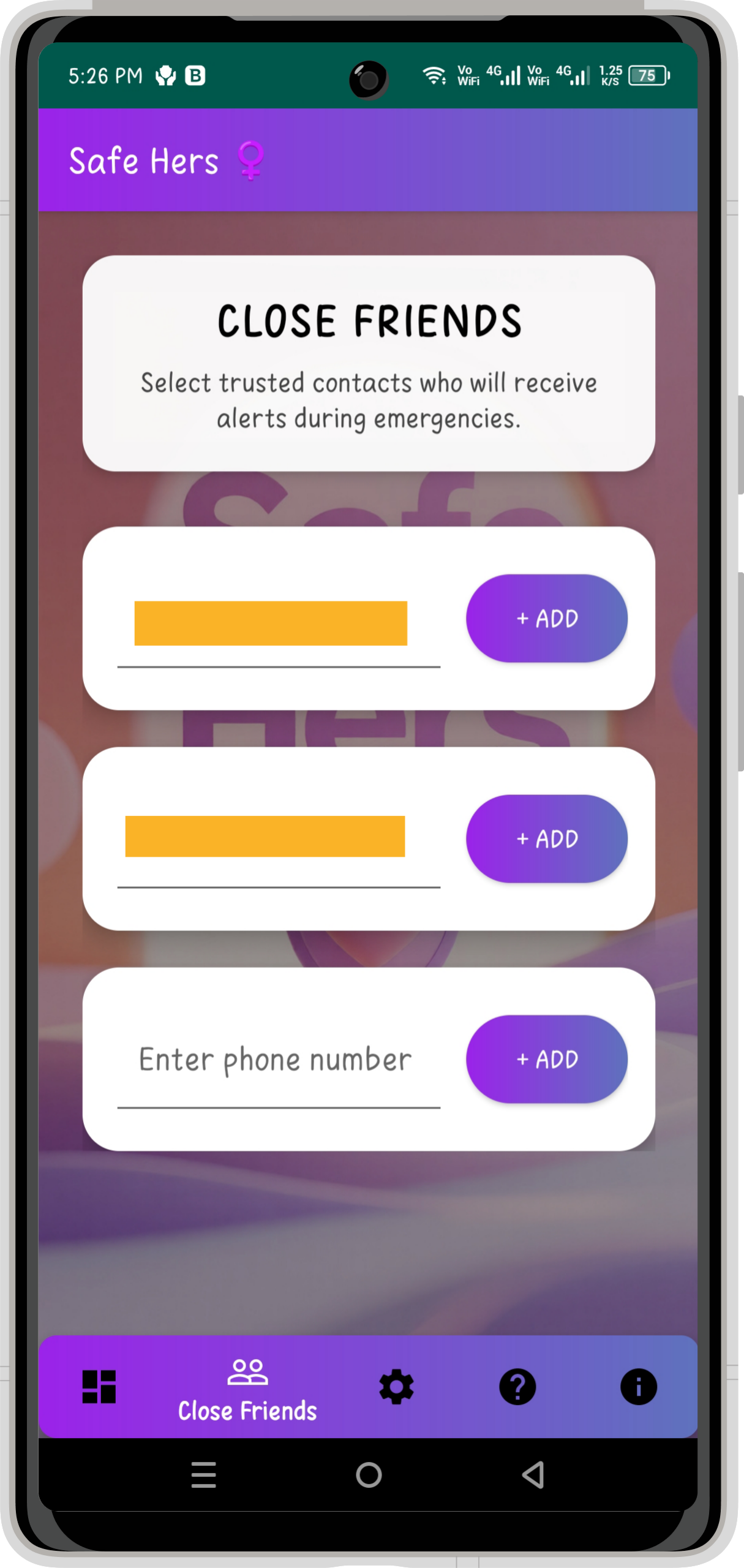 Safe Hers - Add Close Friends Screen