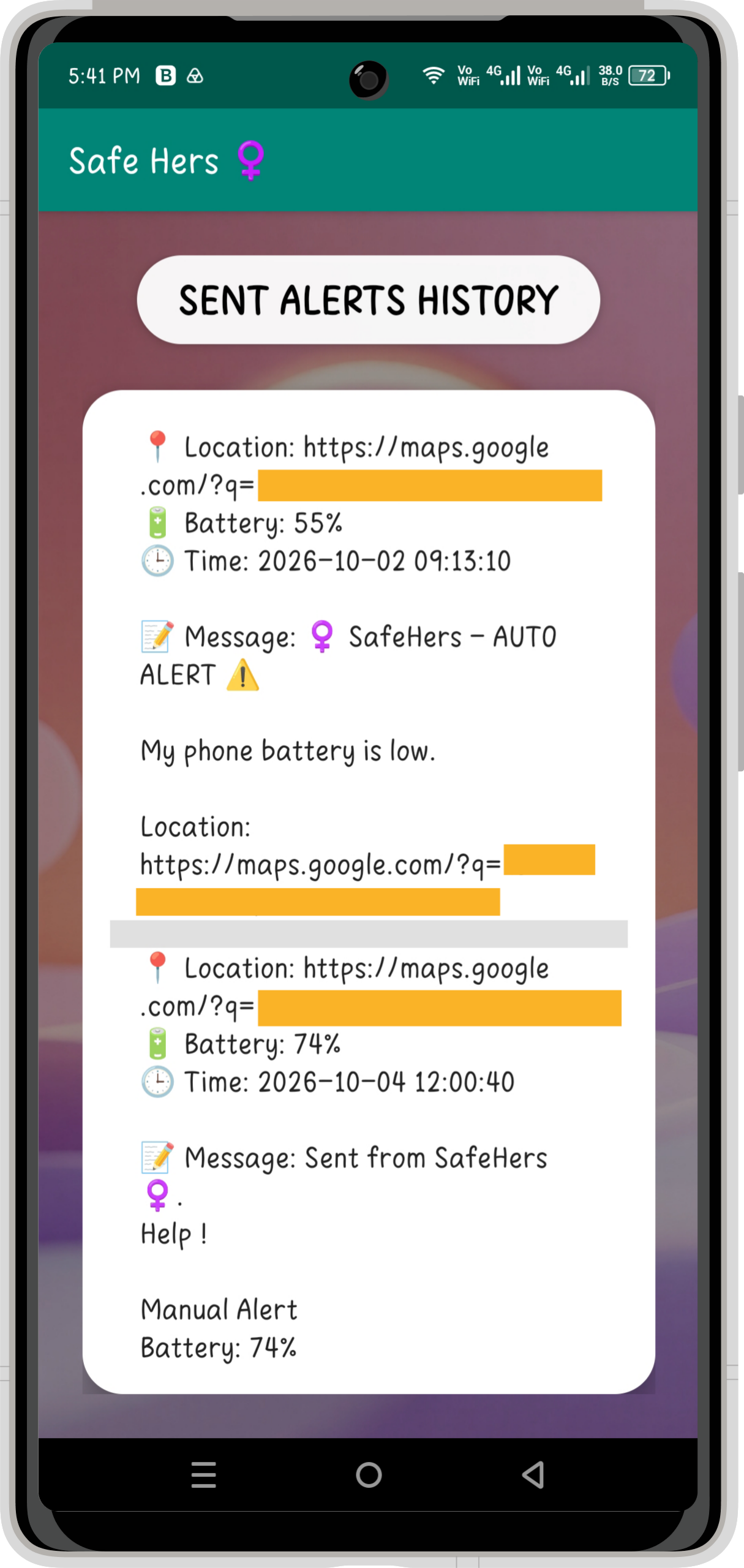 Safe Hers - Alerts History Screen