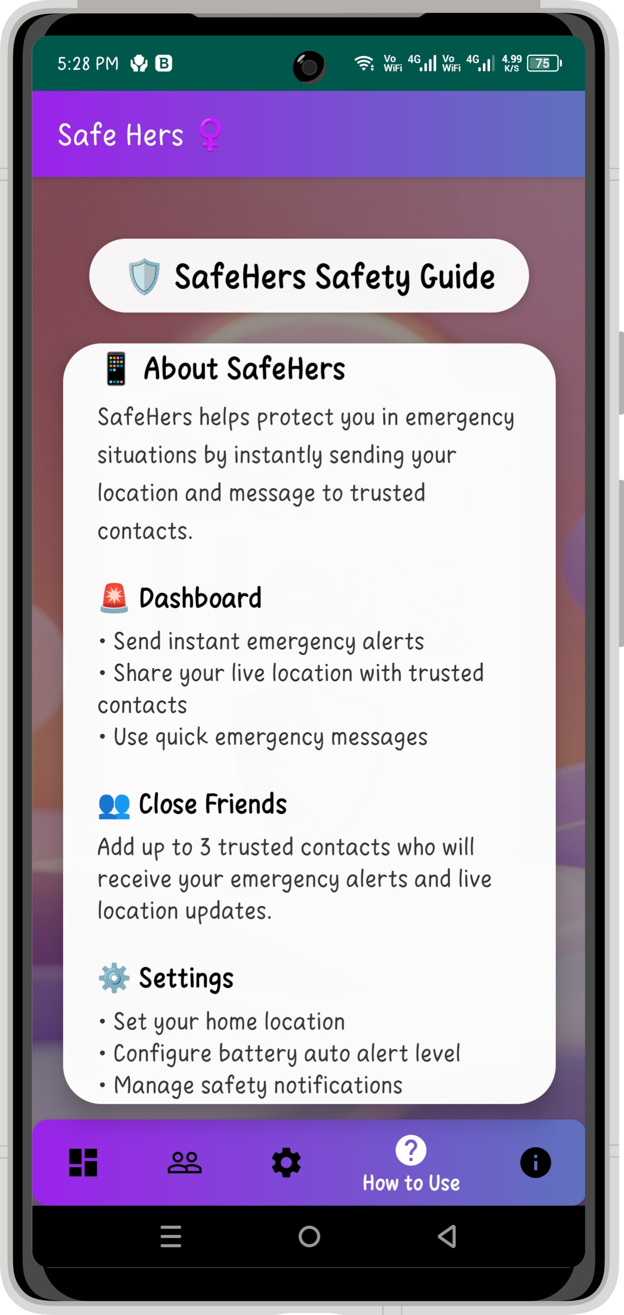 Safe Hers - Usage Guide Screen